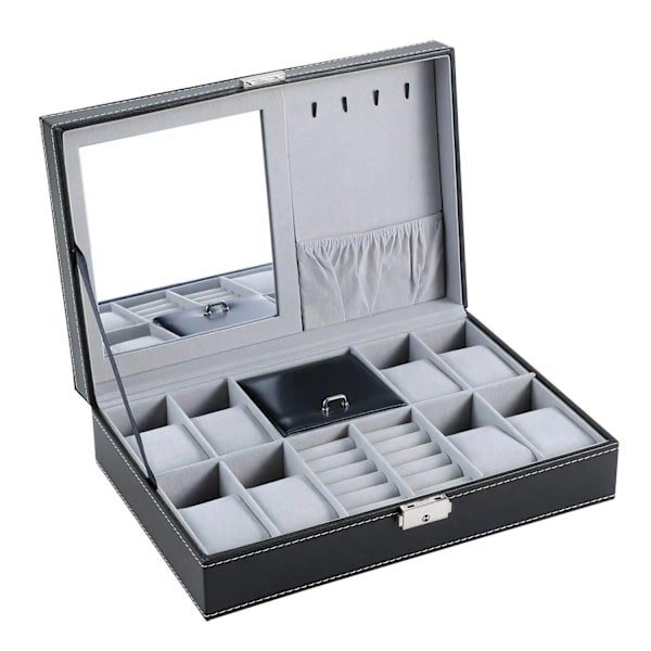 Lnofxas Watch Box, 8 Jewelry Box Watch Display Case Organizer Jewelry Trey Storage Box Black PU Leather with Mirror and Lock