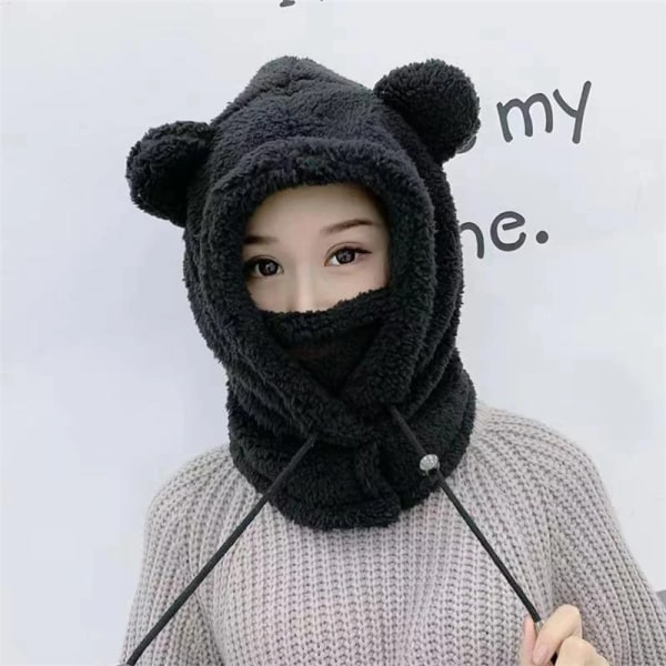 Winter Cute Cartoon Plush Bear Ears Hats Balaclava Warm Bear Baby Hooded Hat Ear Protection Cap Windproof Thick Warm Neck Cover