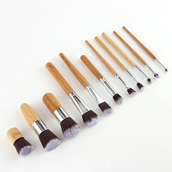 11pcs Natural Bamboo Handle Makeup Brushes Set High Quality Foundation Blending Cosmetic Make Up Tool Set With Cotton Bag