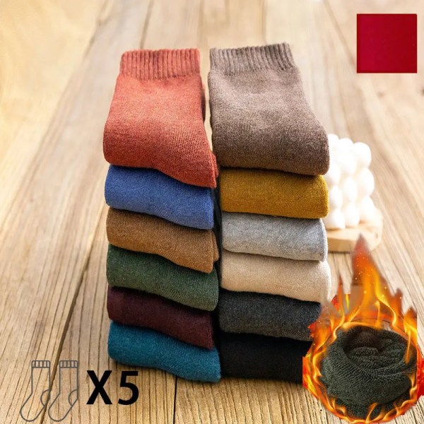 CHRLEISURE 5 Pairs/Set Winter Hosiery Men's Thick Socks Men's Stockings Mid-tube Thick Warm Carpet Towel Socks