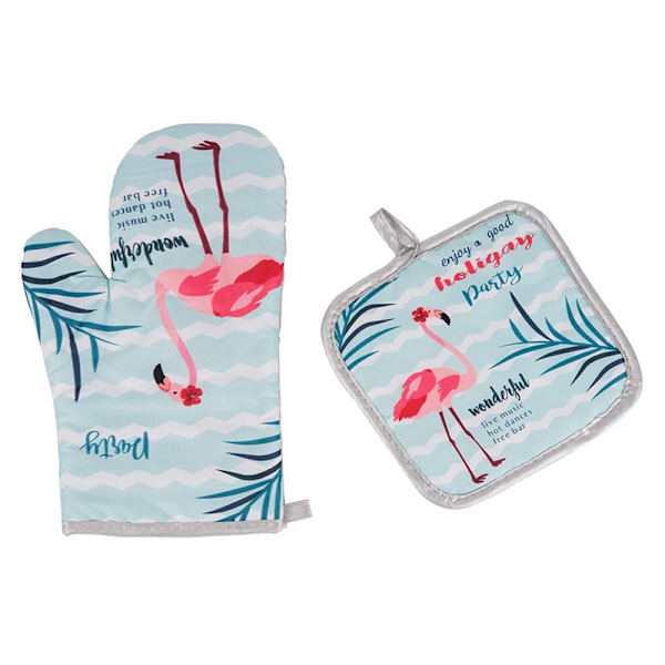 2Pcs Flamingo Pattern Hot Oven Mitts Baking Anti-Hot Gloves Microwave Insulation Mat Baking Kitchen Tools Non-slip Glove