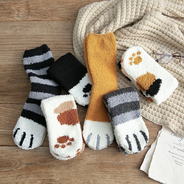 Plush Winter Cute Style Cat Paw Cartoon Pattern Women Cotton Socks Super Soft For Female Stay in the house Sleeping Floor Sox