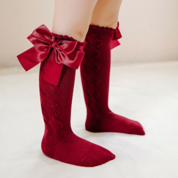 Toddler Baby Girls Knee High Long Socks Spanish Ribbon Bow Cotton Soft Stockings