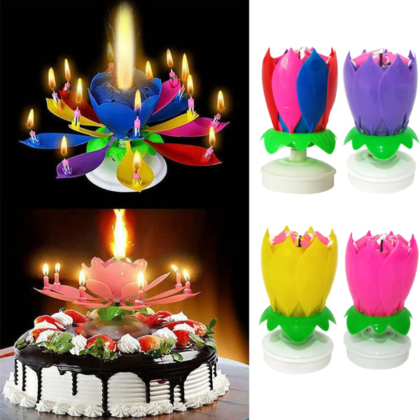 Innovative Party Cake Candle Musical Rotating Lotus Flower Candle Light Happy Birthday DIY Cake Decoration Wedding Party Gifts