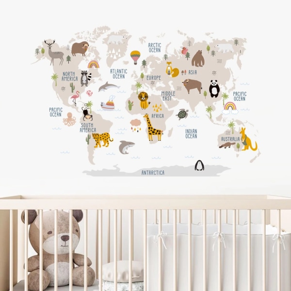 Cartoon Large World Map Wall Stickers Animals Wildlife Watercolor Kids Vinyl Nursery Art Decals for Babys Girls Room Home Decor