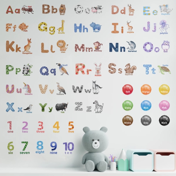 Alphabet Animals Wall Decals Numbers Wall Decor ABC Letters Wall Stickers for Classroom, Kids Room, Nursery Bedroom Playroom