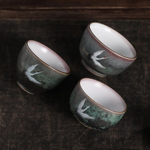 Handmade Crane Tea Cup Stoneware Kiln Roasted Vintage Tea Cup Ceramics Pottery Master Crafted Teaware Kitchen Dining Bar Home