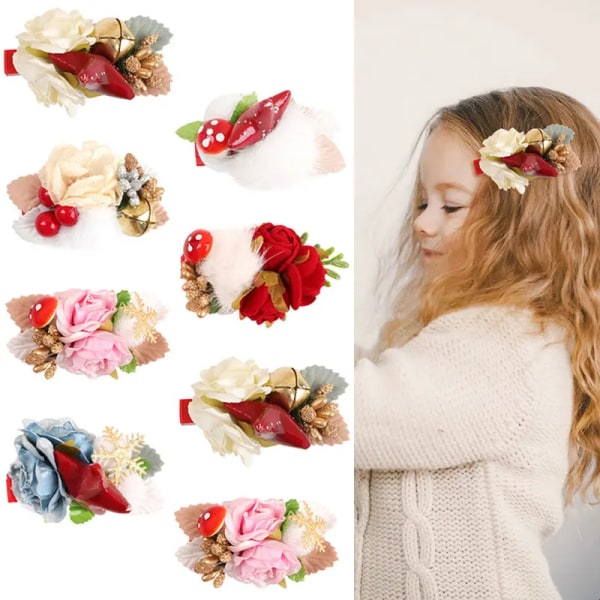 8pcs Christmas Flower Hair Clips Kawaii Barrettes Hairpin Handmade Girls Hair Accessories Infants Toddler Hair Clip Ponytail Holders