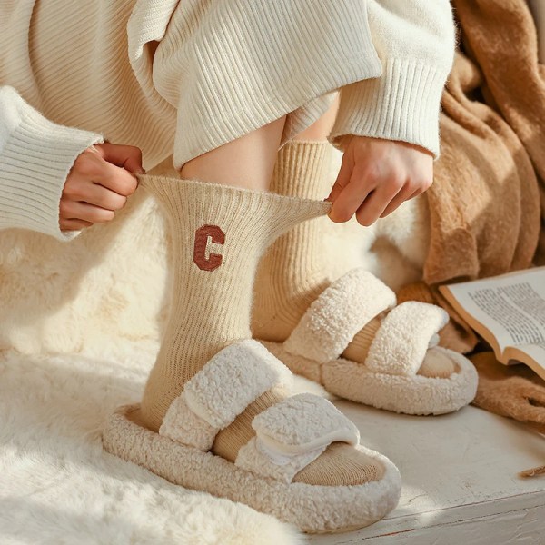 Winter Warm Thicken Wool Warm Women Socks Female Cashmere Thermal Casual Letter Japanese Cute Kawaii Long Crew Socks
