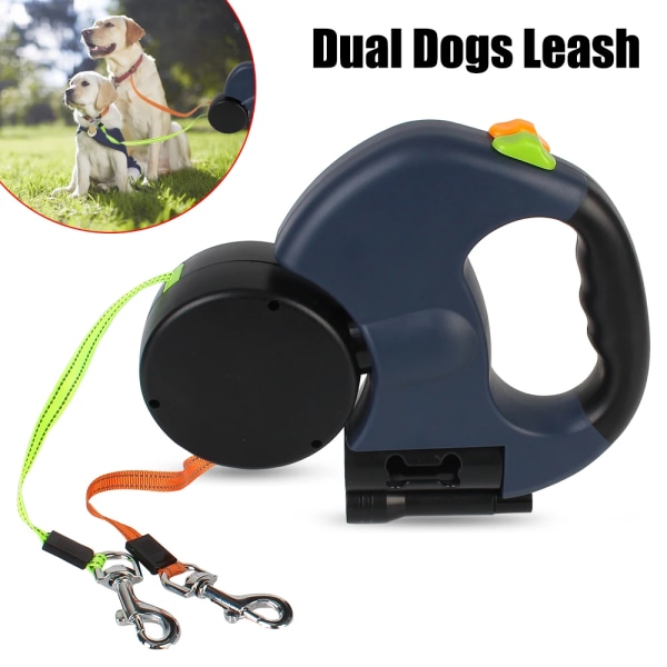 Pet Supplies Dual Dog Leash Double-Ended Traction Rope 3m Dogs Strap Roulette With Flashlight Waste Bag Box Auto Retractable