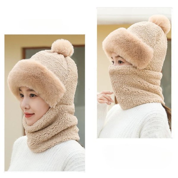 Winter Scarf Set Hooded for Women Plush Neck Warm Russia Outdoor Ski Windproof Hat Thick Plush Fluffy Beanies
