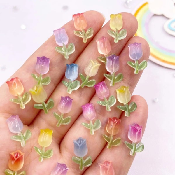 50pcs Resin Kawaii Mini Colorful A Tulip Art Nail Flatback Flower Rhinestone Buttons Applique Accessories DIY Manicure Scrapbook
