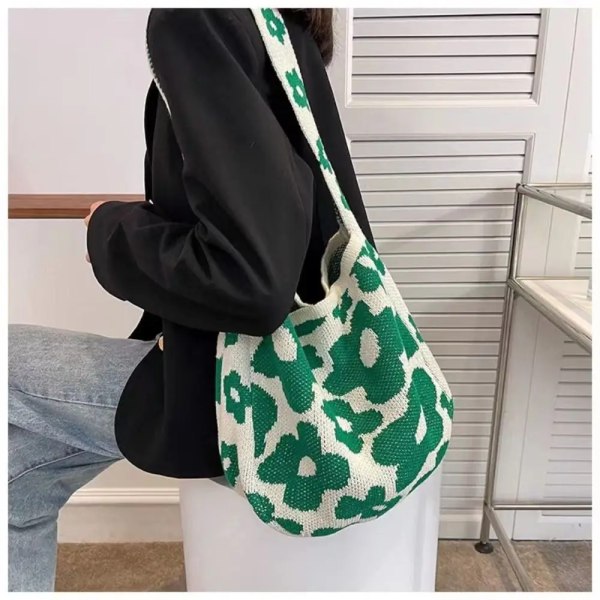 Female Women's Knit Jacquard Woven Flower Pattern Shopping Bags Shoulder Bag Large Capacity Underarm Tote