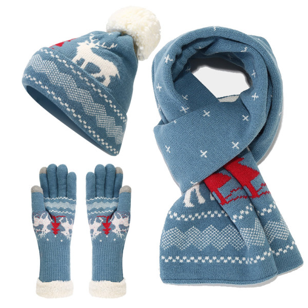 3pcs Set Women Winter Christmas Cosplay Knitted Hat Gloves Scarf Set New Year Gift Thickened Beanie Cap Set Long Scarf blue blå