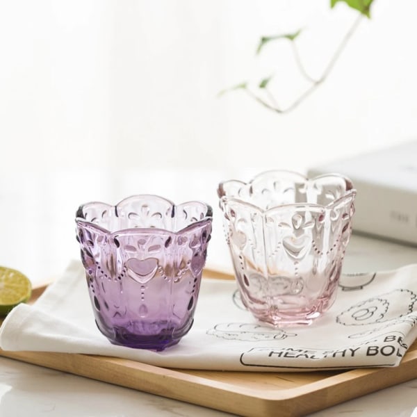 Japanese Embossed Glass, Milk Juice Mug Breakfast Mug, Peach Heart Water Mug Purple.