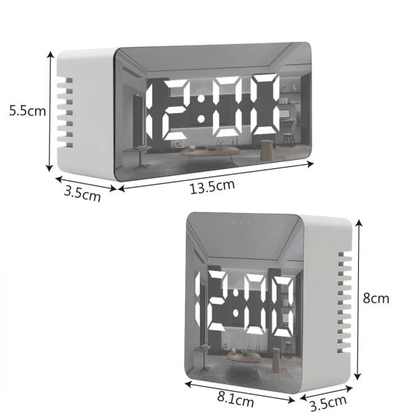 Digital LED Display Desktop Clock Thermometer Mirror Clock Snooze Function USB & Battery 12H/24H Desk Table Alarm Clock