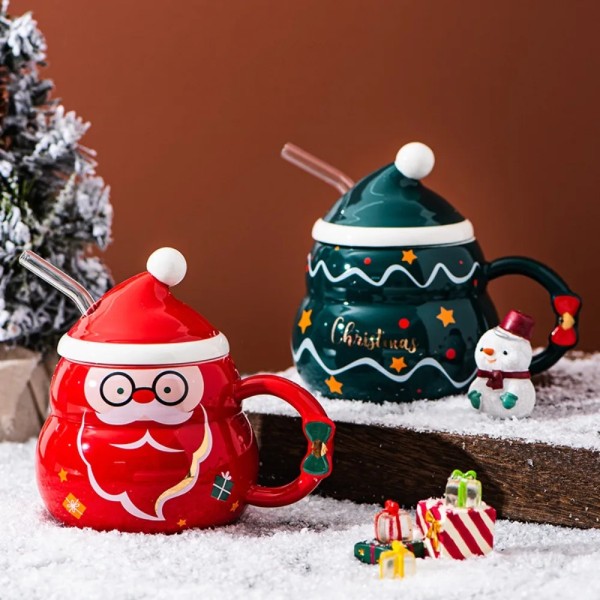 Christmas Gift Ceramic Mug Cute Family Gift Mug with Lid Christmas Snowman Style with Straw Ceramic Cups Cow's Milk Coffee Mug