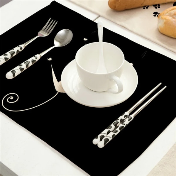 42*32cm Cute Black Cat Pattern Kitchen Placemat Dining Table Mats Drink Coasters Western Pad Cotton Linen Cup Mat Home Decor