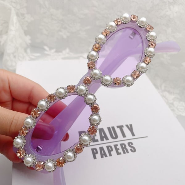 Womens Oval Sunglasses UV400 Bling Pearls Rhinestone Elegant Personalized Party
