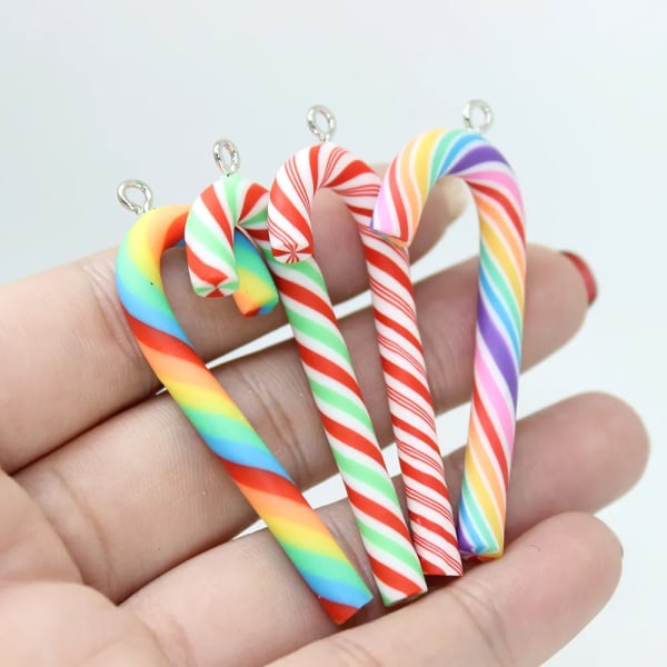 10Pcs/ Soft Clay Candy Lollipop 3D 4Colour Cane Pendant Keychain Necklace Earring Charms For Christmas DIY Decoration