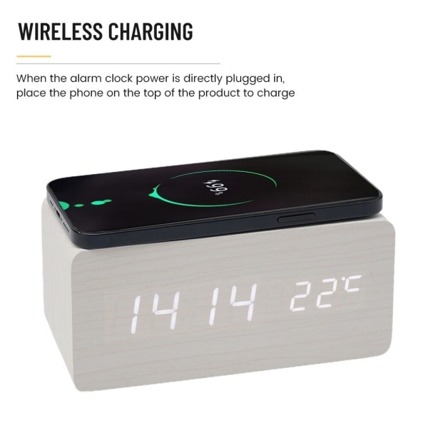 Wooden Digital Clock with Wireless Phone Charger Alarm and Temperature Readout