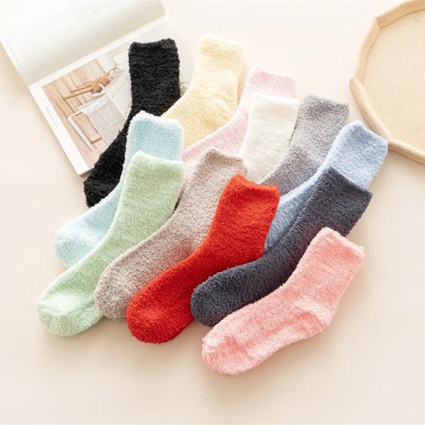 Kawaii Socks Winter Coral Fleece Solid Color Half Edge Fleece Medium Tube Women's Socks Thickened Candy Color Casual Floor Socks