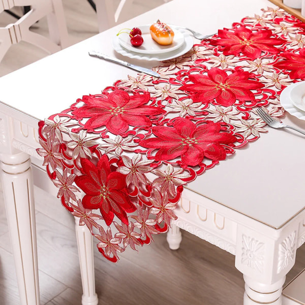 38X176cm Embroidery Table Runner Placemat European Style Tablecloth Christmas Flowers Decorations for Home New Year