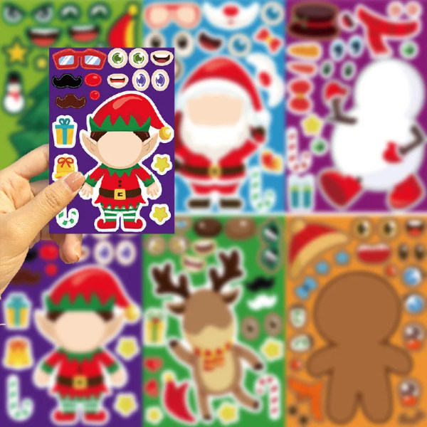 16 Sheets Children DIY Puzzle Sticker Santa Christmas Tree Socks Face Assemble Stickers Kids Handicraft Haterproof Gifts