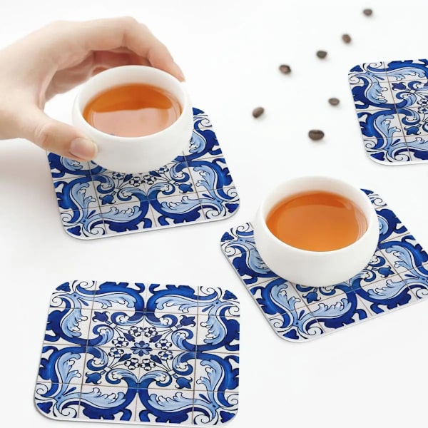 Lisbon Blue Azulejo Tile Floral Coaster Coffee Mat Leather Placemat Cup Tableware Decoration & Accessories Pads for Home Kitchen
