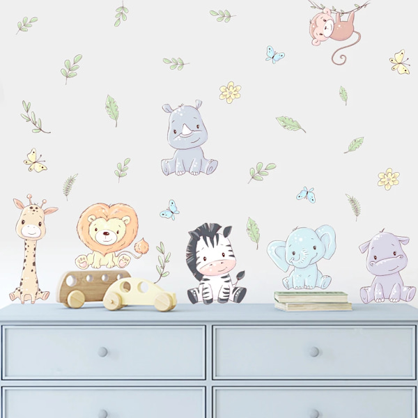Cartoon Lion Elephant Leaves Animal Nursery Wall Decals Removable DIY Vinyl Wall Stickers Kids Baby Room Interior Home Decor