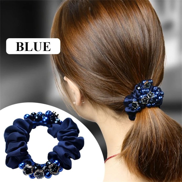 Fashion Pearl Crystal Hair Rope Solid Color Silk Flower Hair Scrunchies Women Girls Ponytail Bun Hairband Headwear Accessories