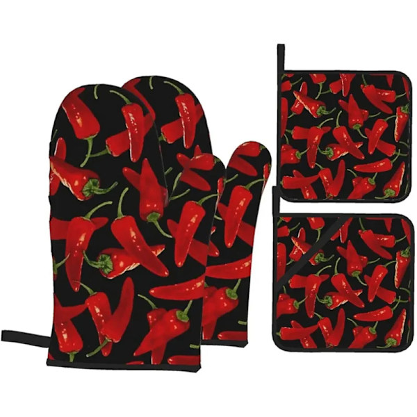 Chili Peppers Chili Oven Mitts and Pot Holders Sets of 4 Resistant Hot Pads with Non-Slip BBQ Gloves for Kitchen Cooking Baking