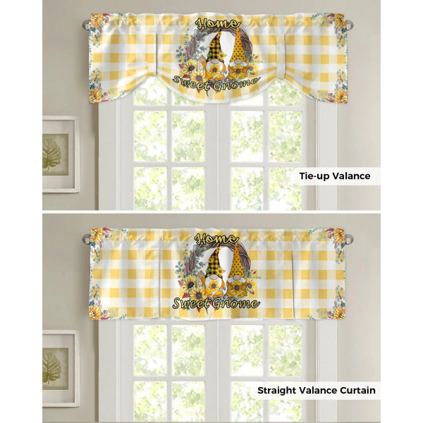 Home Sweet Gnome Lattice Sunflower Window Curtain Kitchen Cabinet Coffee Tie-Up Valance Curtain Rod Pocket Short Curtain
