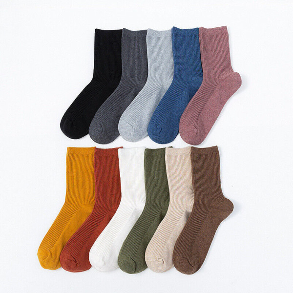 5 pairs of winter Ladies solid color striped breathable cotton medium stockings