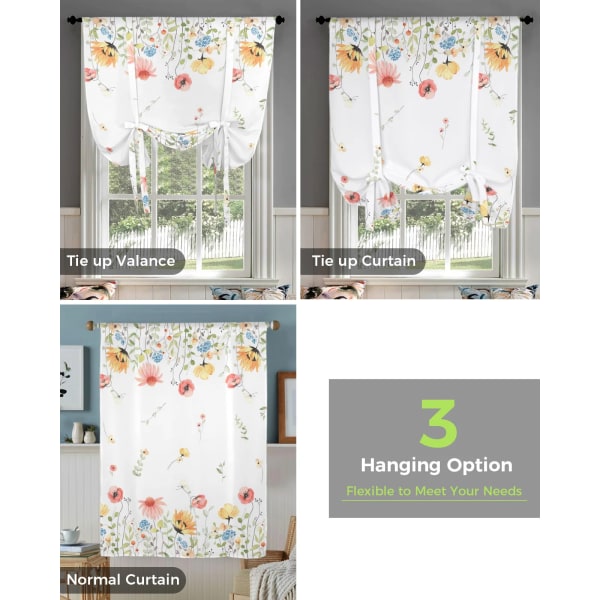 Spring Watercolor Flower Leaves Window Curtain for Living Room Bedroom Balcony Cafe Kitchen Tie-up Roman Curtain