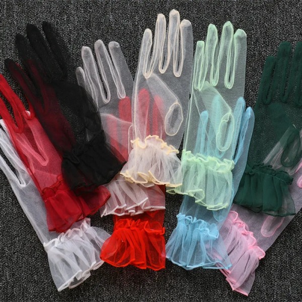 Ultra Thin Transparent Gauze Lace Full Finger Gloves Short Tulle Gloves Women Wedding Mesh Gloves Elastic Wrist Black Gloves
