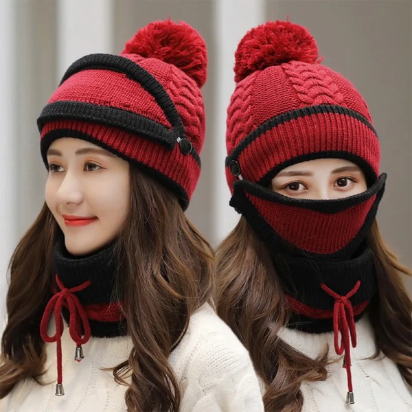 3Pcs/set Coral Fleece Women Knitted Hats Scarf Mask Set Fur Warm Winter Hats for Women Keep Face Warmer Mask Pompoms Cap