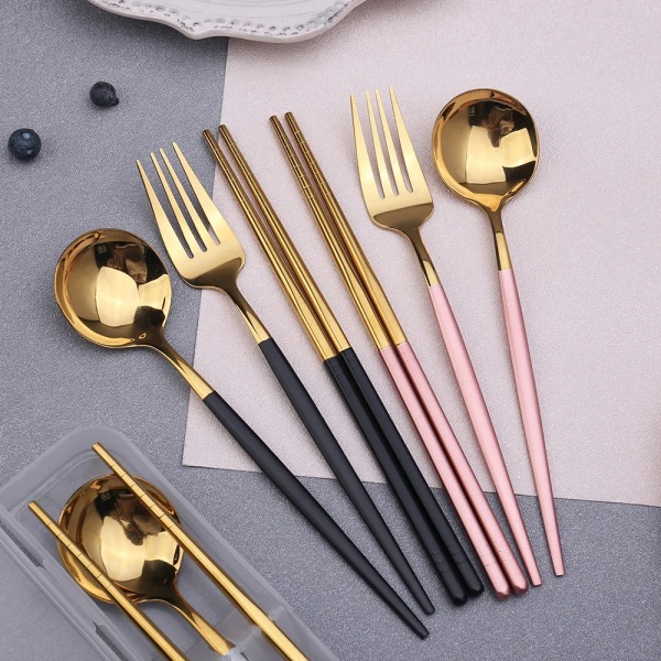 3pcs Spoon Fork Chopsticks Set with Storage Box Stainless Steel Coffee Snacks Fruit Dessert Fork Spoon Kitchen Teaspoon Set