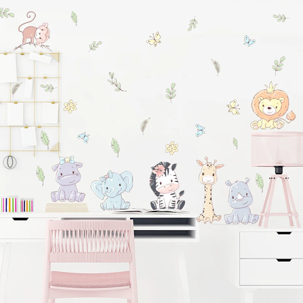 Cartoon Lion Elephant Leaves Animal Nursery Wall Decals Removable DIY Vinyl Wall Stickers Kids Baby Room Interior Home Decor