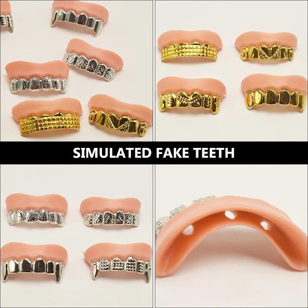 8 st Halloween rekvisita Ugly Teeth Toy Cosplay Plating Falska infällbara vampyrtänder guld