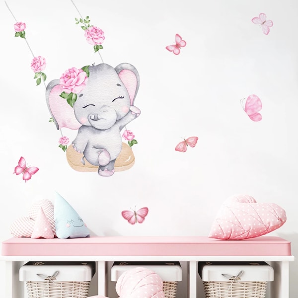 Watercolor Pink Elephant Cloud Wall Stickers for Kids Room Baby Nursery Room Decoration Wall Decals Boy and Girls Gifts PVC
