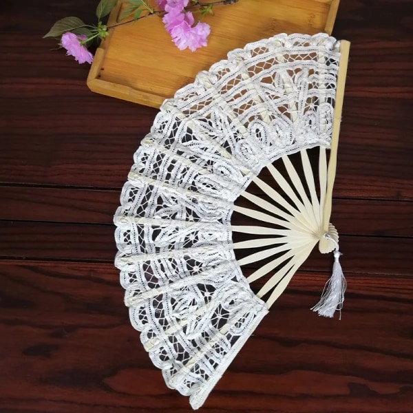 Vintage Handmade Folding Fan Lace Embroidered Bamboo Wood Wedding Party Hand Held Dance Fan Home Decoration Art Craft Gift