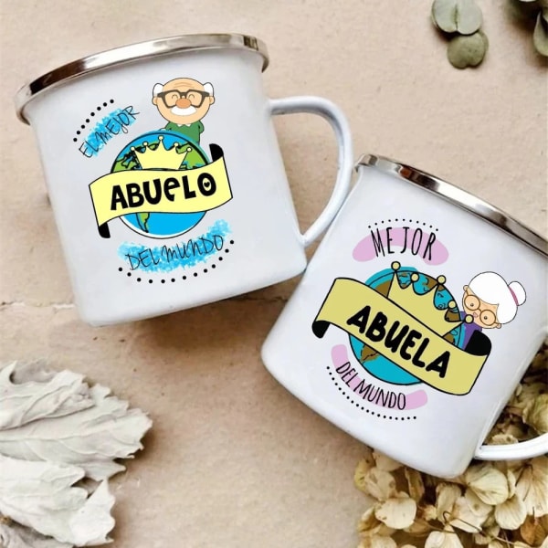 Best Grandfather & Grandmother In The World French Print Enamel Mugs Drink Milk Coffee Cup Camping Mug Gift for Abuelo & Abuela