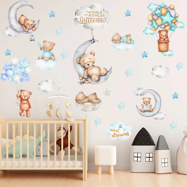 Cartoon Cloud Bear Wall Sticker Cute Animal Moon Children's Room Decoration Self Adhesive