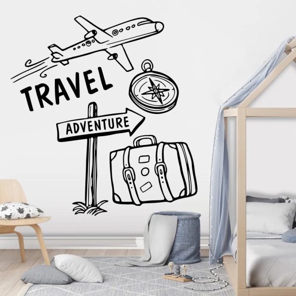 Modern Adventure Time Travel Wall Sticker Living Room Explore Airplane Compass Travel Bag Wall Decal Bedroom  Decor