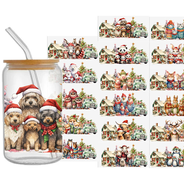 10pcs Merry Christmas Animals Dogs CowUV DTF Sticker For 16oz Cups Can Wrap Transfer Decal Sticker Custom Labels DIY Logo Selfadhesive