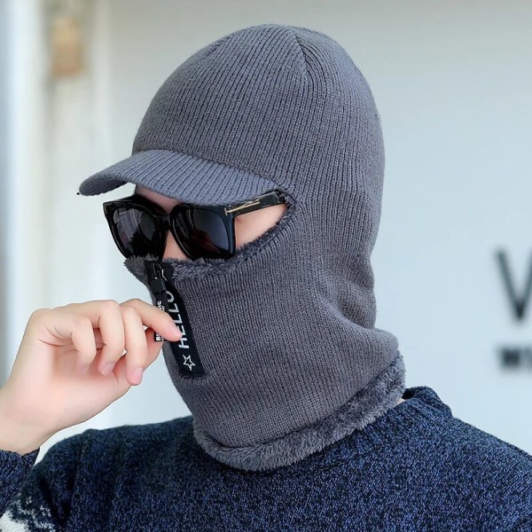 Herr Vinter Varm ullmössa Utomhuscykling Hörselskydd Varm Tjocka Cykel Stickad dragkedja Keps Halsduk Vindtät Stickad kepsmask