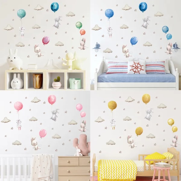 Watercolor Pink Balloon Bunny Cloud Wall Stickers for Kids Room Baby Nursery Room Decoration Wall Decals Boy and Girls Gifts PVC