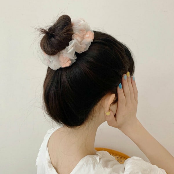 Women Embroidery Flower Mesh Scrunchies Sweet Organza Hair Ties Ring Headwear