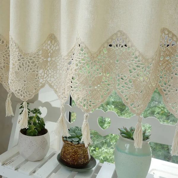 1Pc Home Decorative Simple Style Cotton Linen Fabric Handmade Crocheted Splicing Short Curtain Kitchen Curtain Cabinet Curtain